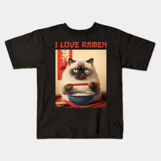 Quirky Chubby Himalayan Kitty Cat Eating Ramen - I Love Ramen Kids T-Shirt